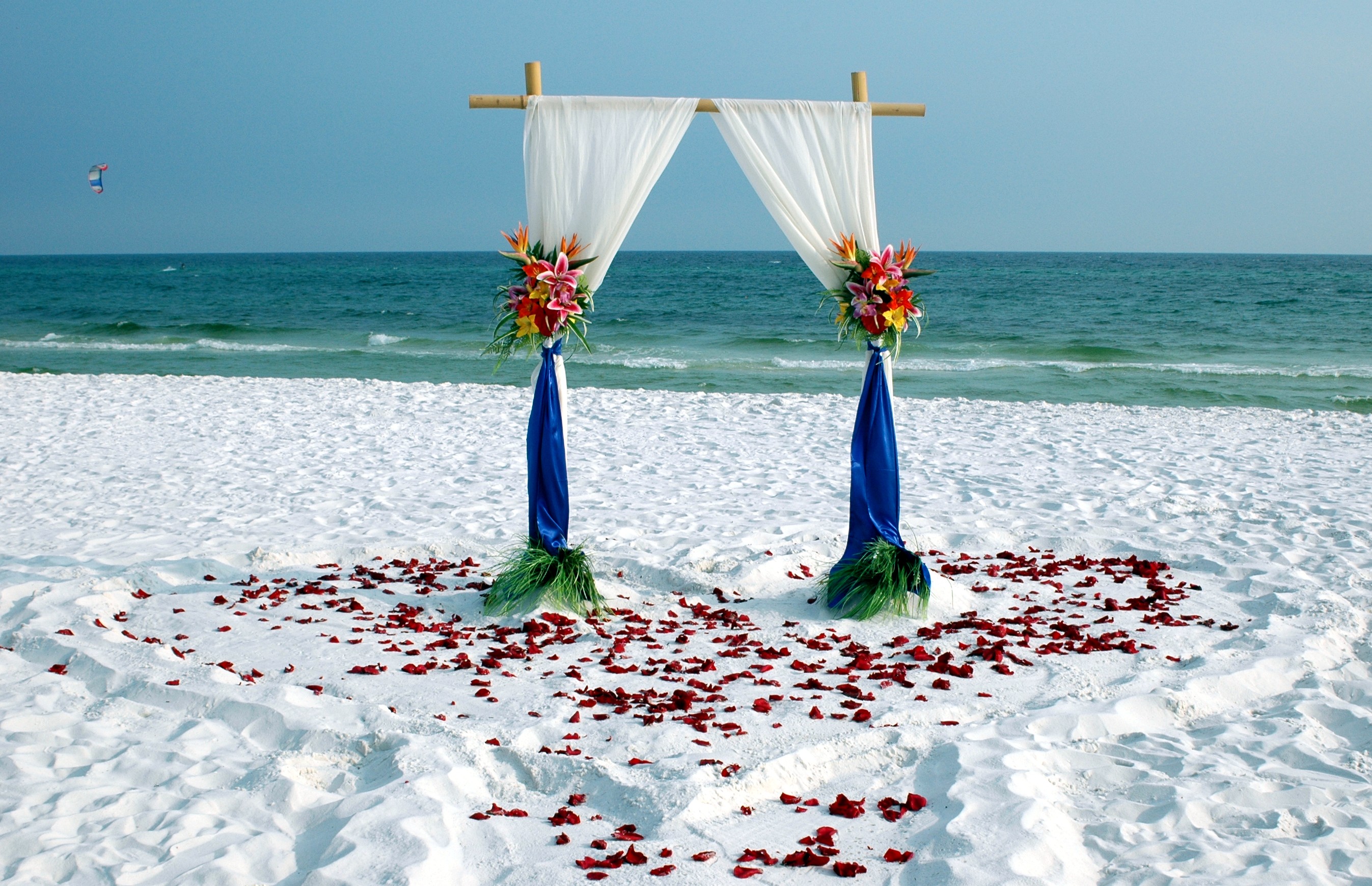 Simple Bamboo Beach Wedding Arbor with tropical florals
